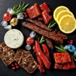 Salmon sampler holiday gift bundle with candied strips, peppered strips, maple and peppered sockeye nuggets, Boursin, Raincoast Crisps and Lindt chocolates