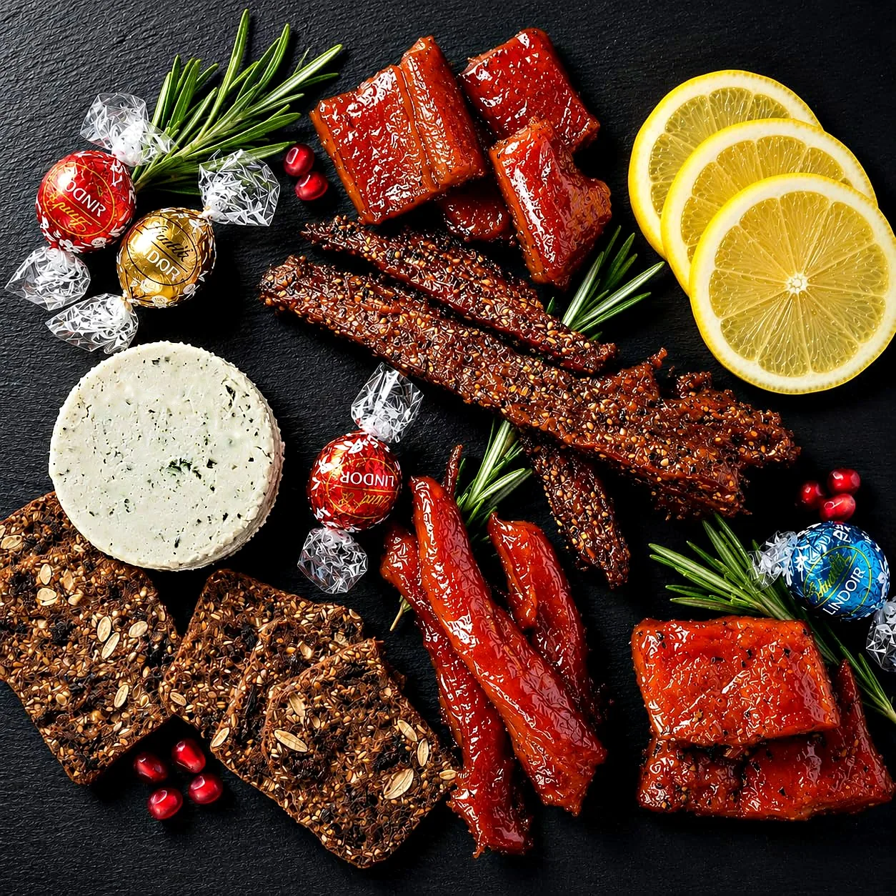 Salmon sampler holiday gift bundle with candied strips, peppered strips, maple and peppered sockeye nuggets, Boursin, Raincoast Crisps and Lindt chocolates